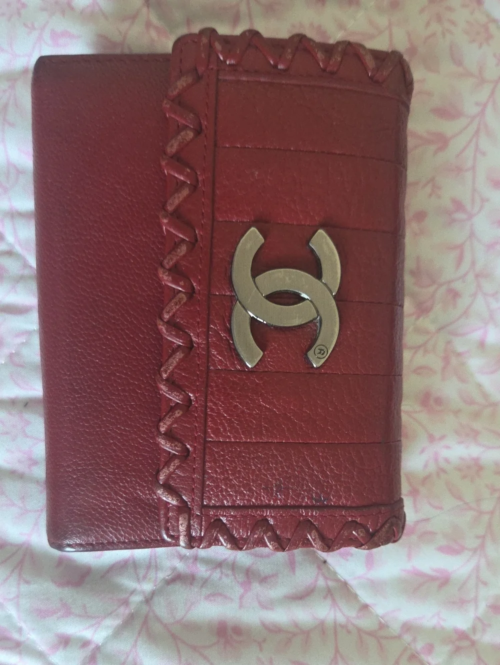 Red Leather Women's Wallet with Interlocking Metal Accent
